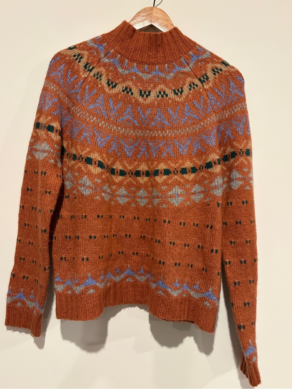 American Eagle Size M Orange Fair Isle Wool Blend Mock Neck Pullover Sweater